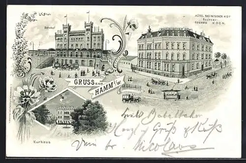 Lithographie Hamm i. W., Hotel Rheinischer Hof, Bes. Eduard Koch, Bahnhof und Kurhaus