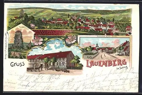 Lithographie Lauenberg im Solling, Gasthof Nüsse, Ruine, Eingang zum Dorf