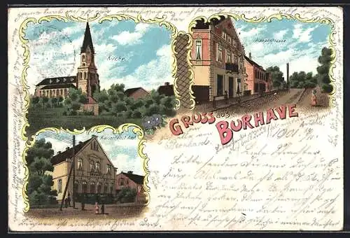 Lithographie Burhave, Kaiserl. Postamt, Kirche, Hauptstrasse