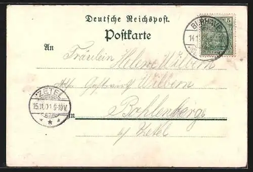 Lithographie Burhave, Kaiserl. Postamt, Kirche, Hauptstrasse