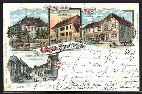 Lithographie Moringen, Gasthaus zur Post, Domaine, Königl. Amtsgericht, Lange Strasse