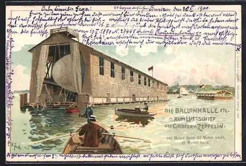 Lithographie Die Ballonhalle etc. zum Luftschiff des Grafen v. Zeppelin