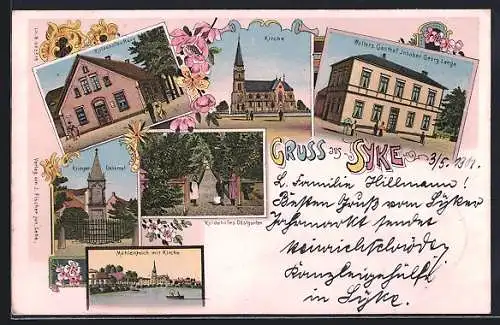 Lithographie Syke, Wolters Gasthof, Kirche, Koldehofes Obstgarten, Mühlenteich mit Kirche