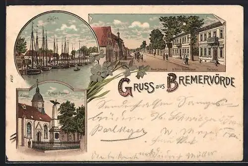 Lithographie Bremervörde, Neue Strasse mit Rathaus, Kirche und Kriegerdenkmal, Hafenansicht