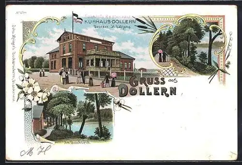 Lithographie Dollern, Bahnhofs-Restaurant Kurhaus Dollern H. Gätjens mit Strasse und Passanten, Fischteich, Uferpartie