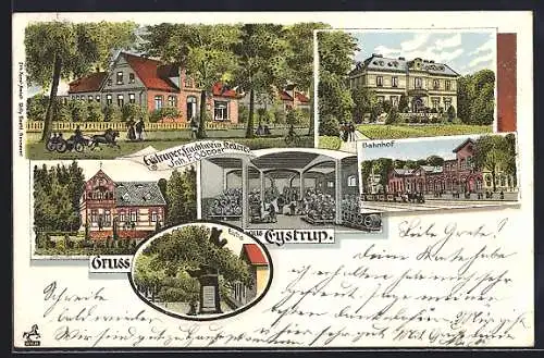 Lithographie Eystrup, Gaststätte Fruchtwein Kellerei F. Göber, Bahnhof, Eiche