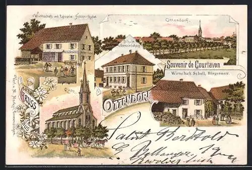Lithographie Ottendorf, Geschäft und Epicerie Hubler-Godat, Geschäft Schull in der Bürgermstr., Schule u. Gemeindehaus