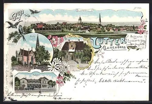 Lithographie Lutter / Barenberge, Bahnhof, Apotheke und Kirche