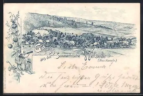 Lithographie Welsede /Hameln, Blick über den Ort