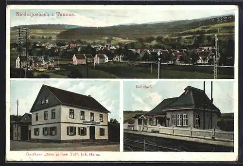 AK Niederjosbach i. Taunus, Gasthaus zum grünen Tal, Inh. Joh. Heinz, Bahnhof mit Bahnhofshaus
