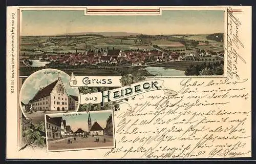 Lithographie Heideck / Mittelfranken, Rathaus, Marktplatz, Ortsansicht mit Fernblick