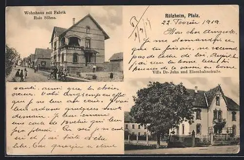 AK Rülzheim /Pfalz, Wohnhaus mit Fabrik Reis Söhne, Villa Dr. John in der Eisenbahnstrasse