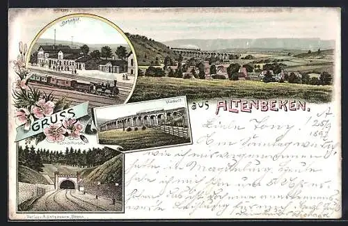 Lithographie Altenbeken, Totalansicht, Bahnhof, Tunnel-Portal, Viaduct
