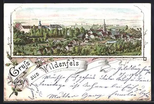 Lithographie Wildenfels / Friedrichsthal, Blick über den Ort mit Kirche