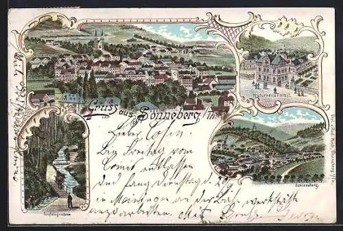 Lithographie Sonneberg /Th., Naturheilanstalt, Schlossberg, Teufelsgraben