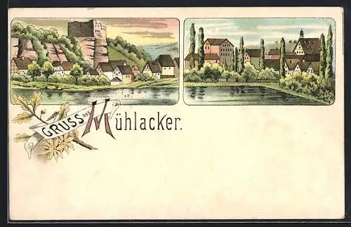 Lithographie Mühlacker, Teilansicht mit Burg, Teilansicht am Wasser
