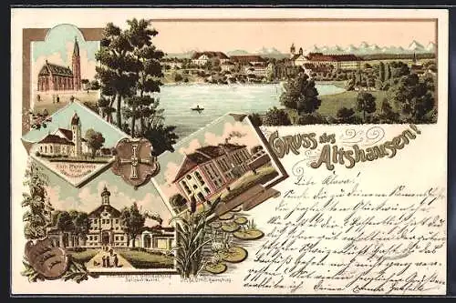 Lithographie Altshausen, Totalansicht, Kirche, Seminarbau & Schlosseingang Schlossbrauerei