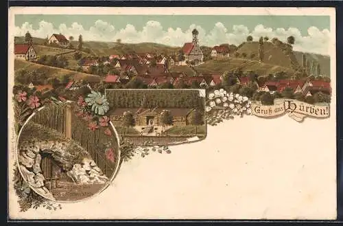 Lithographie Hürben / Brenz, Gasthaus zur Charlottenhöhle, Eingang zur Charlottenhöhle, Ortsansicht