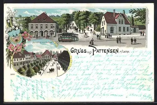 Lithographie Pattensen a. Leine, Marktplatz mit Rathaus, Strassenbahn