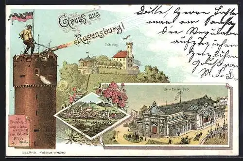 Lithographie Ravensburg, Blick auf die Veitsburg, neue Concert-Halle und feuernde Kanone