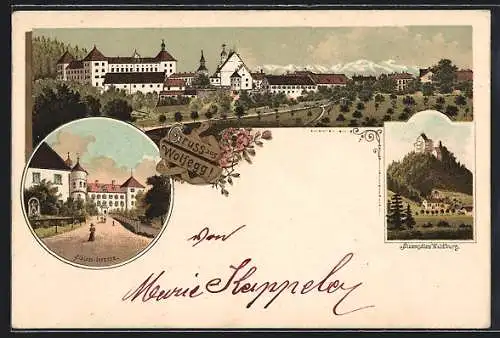 Lithographie Wolfegg / Allgäu, Stammschloss Waldburg, Schloss-Strasse