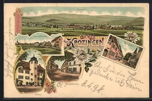 Lithographie Bad Krozingen, Panorama, Bahnhofstrasse, Schloss, Hauptstrasse