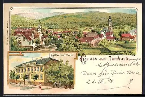 Lithographie Tambach / Thüringen, Gasthof zum Bären, Gesamtansicht aus der Vogelschau