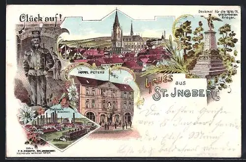 Lithographie St. Ingbert, Hotel Peters, Stahlwerk Kraemer, Denkmal für die 1870/71 gestorbenen Krieger
