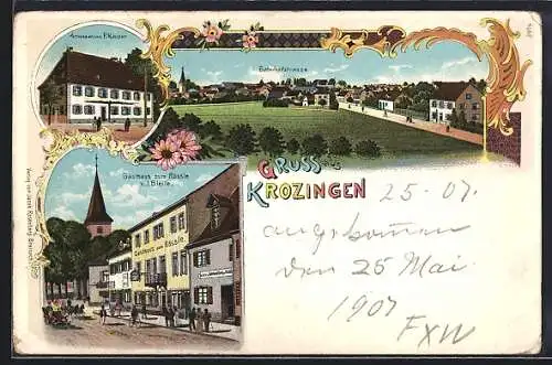 Lithographie Krozingen, Gasthaus zum Rössle v. J. Bleile, Anwesen von P. Hauser, Bahnhofstrasse