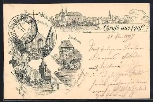 Lithographie Lauf / Pegnitz, Judenthurm, Schloss, Ruine der Spitalkirche