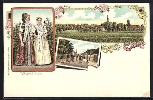 Lithographie Clenze, Wendländerinen in Tracht, Postamt, Ortsansicht