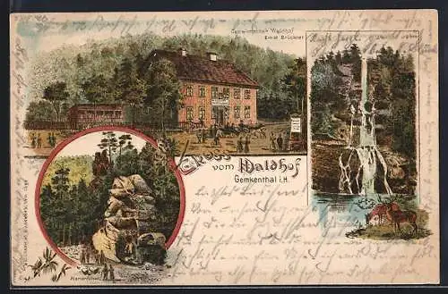 Lithographie Gemkenthal, Waldhof von Ernst Brückner, Marienfelsen, Rumkerhaller-Wasserfall