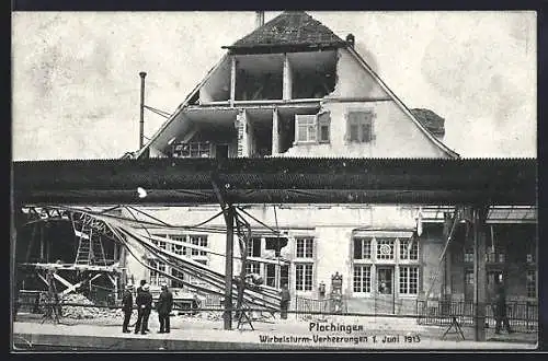 AK Plochingen, Wirbelsturm-Verheerungen 1913, Bahnhof, Unwetter
