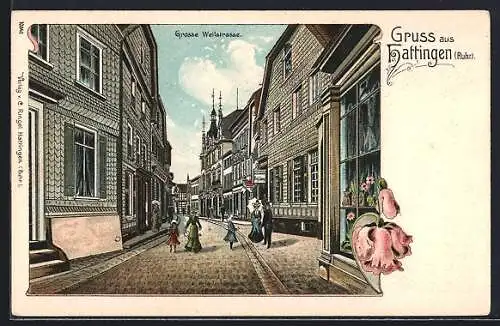 Lithographie Hattingen / Ruhr, Grosse Weilstrasse mit Geschäften