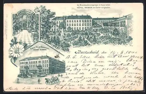 Lithographie Burtscheid, Grand Hotel Rosenbad, Inh. Hugo Weber, Hotel vom Garten aus gesehen