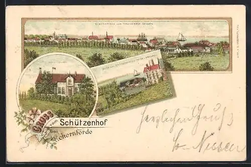Lithographie Eckernförde, Blieck vom Schützenhof über Hafen und Brauerei, Königliche Baugewerkschule, Teilansicht