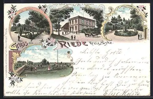 Lithographie Riede / Verden, Hartjes Gasthof Neuenkrug, Inh. H. Orthmann, Garten, Blick von der Plattform