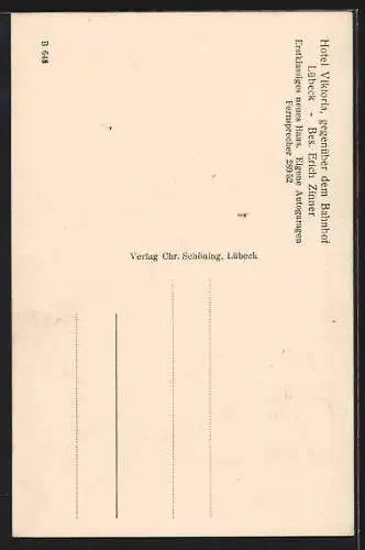 AK Lübeck, Hotel Viktoria gg.über dem Bahnhof, Bes. Erich Zimmer