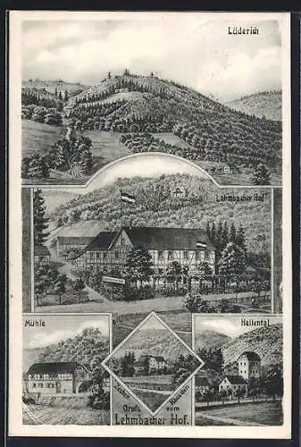 Künstler-AK Lüderich, Gasthof Lembacher Hof, Mühle, Hellental