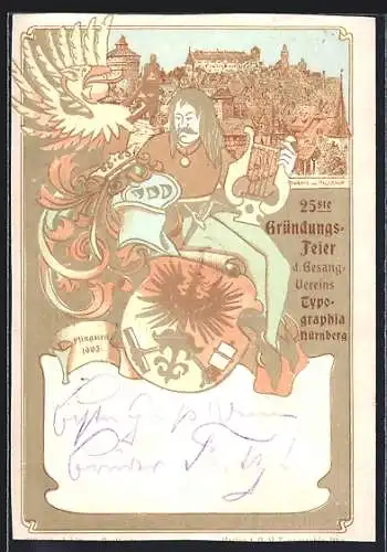 Lithographie Nürnberg, 25. Gründungsfeier des Gesangvereins Typographia 1903, Wappen und Minnesänger