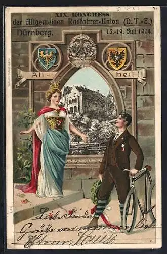 Passepartout-Lithographie Nürnberg, XIX. Kongress der Allgemeinen Radfahrer-Union 1904, Radfahrer und Wappen