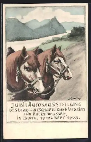 Künstler-AK Bonn, Jubiläumsausstellung des landwirtschaftlichen Vereins für Rheinpreussen 1908, Pferde am Rhein