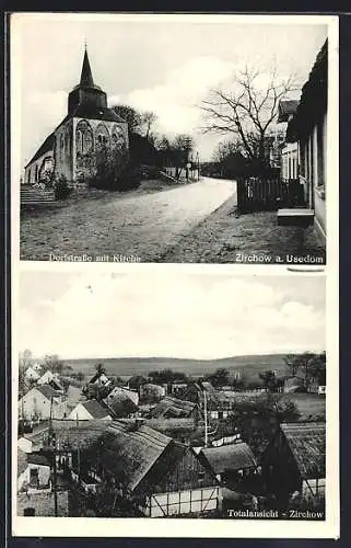 AK Zirchow, Dorfstrasse mit Kirche, Totalansicht