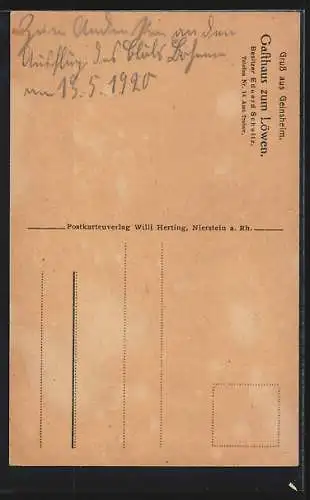AK Geinsheim / Rhein, Gasthaus zum Löwen, Bes. Eduard Schultz, Jägerheim, Römerplatz mit Rathaus und Friedenseiche
