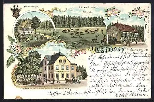 Lithographie Ullersdorf b. Radeberg i. S., Gasthof Schmiede-Schänke, Oberförsterei, Waldarbeiterwohnung