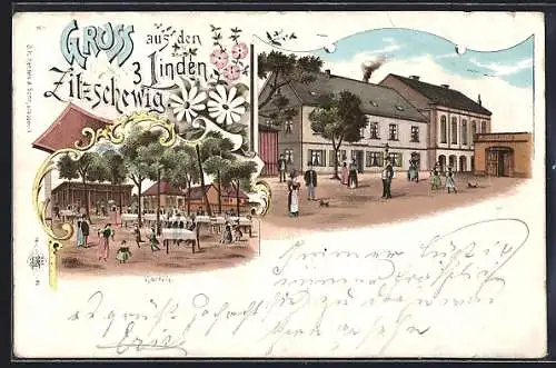 Lithographie Zitzschewig, Gasthaus 3 Linden, Garten