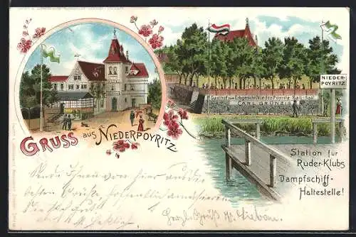 Lithographie Dresden-Niederpoyritz, Gasthof zum Erbgericht, Station Ruderklub, Dampfschiff-Haltestelle