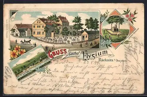 Lithographie Räcknitz b. Dresden, Gasthof Elysium, Moreau-Denkmal