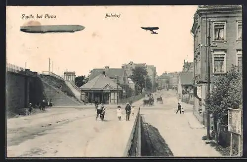 AK Copitz, Zeppelin über dem Bahnhof
