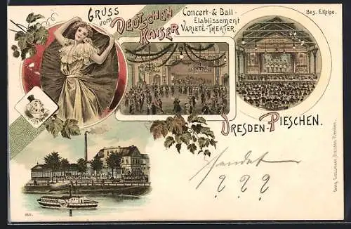 Lithographie Dresden-Pieschen, Etablissement Deutscher Kaiser, Blick in den Ballsaal